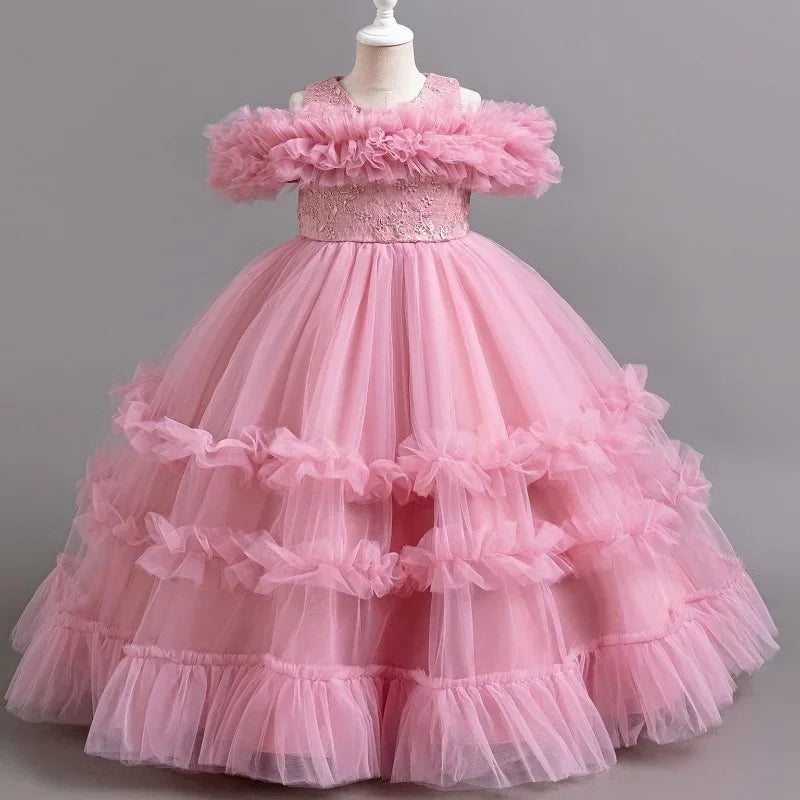 Robe de mariée robe de demoiselle d'honneur pour fille de fleur, robe de soirée à la mode, en dentelle et maille, vêtements élégants pour filles de 4 à 12 ans, couleur bleue