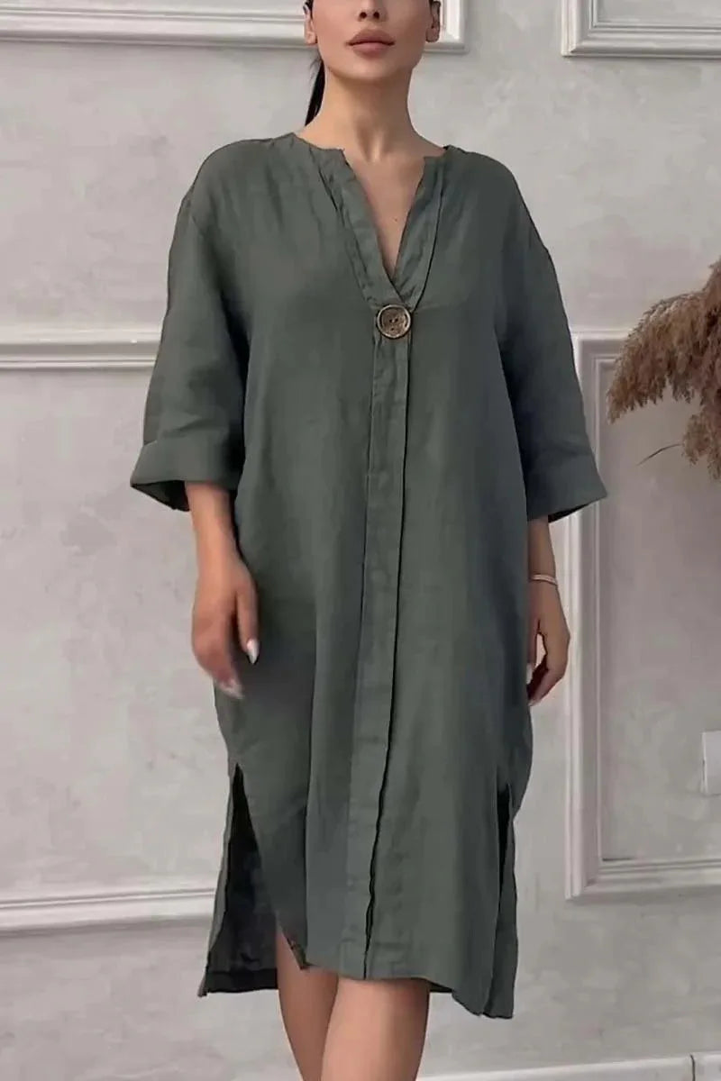 Robe longue décontractée à col rond et boutons en coton et lin pour femme, couleur unie