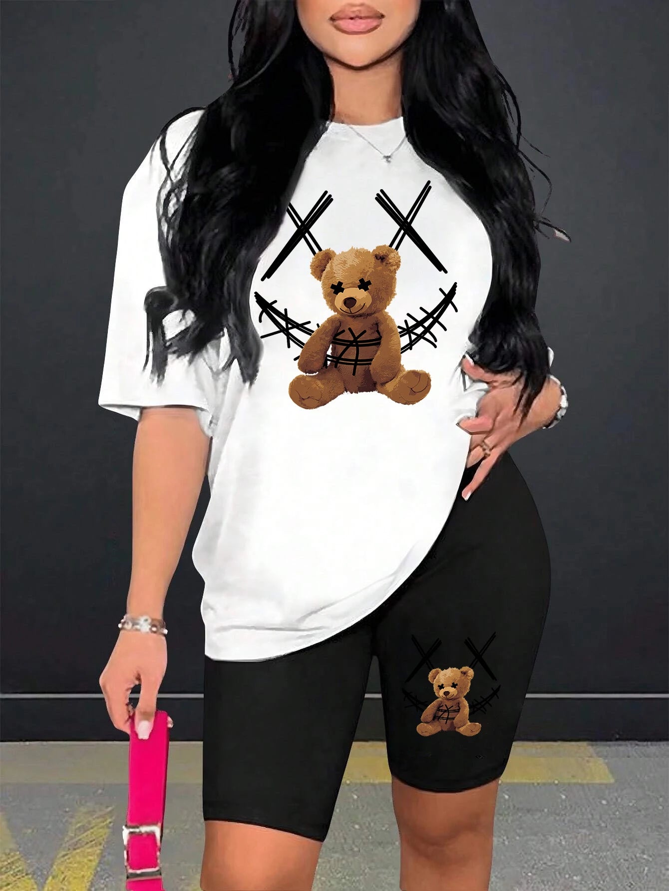 Smiling Face Plush Bear Pattern Print Womens Short Sleeved Shorts Set Soft Trendy Two Piece Set Basics Versatile Shorts Sets