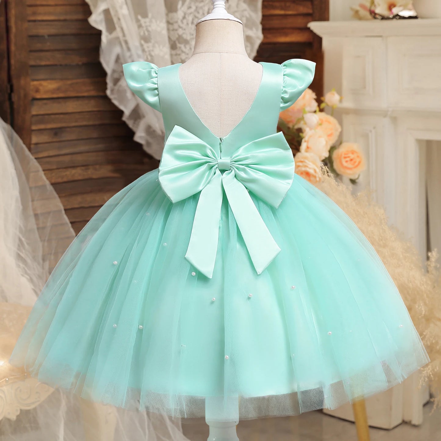 Toddler Girl Red Christmas Princess Dress Cute Baby Girl 1st Birthday Party Tutu Gown Newborn Backless Bow Beading Xmas Costume