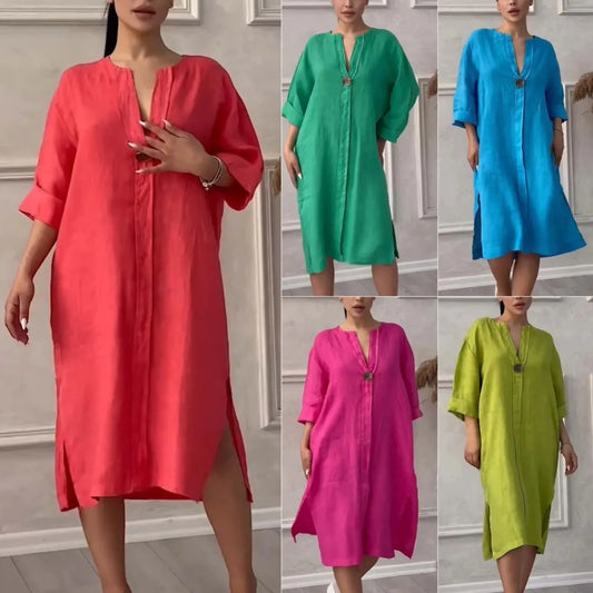 Robe longue décontractée à col rond et boutons en coton et lin pour femme, couleur unie