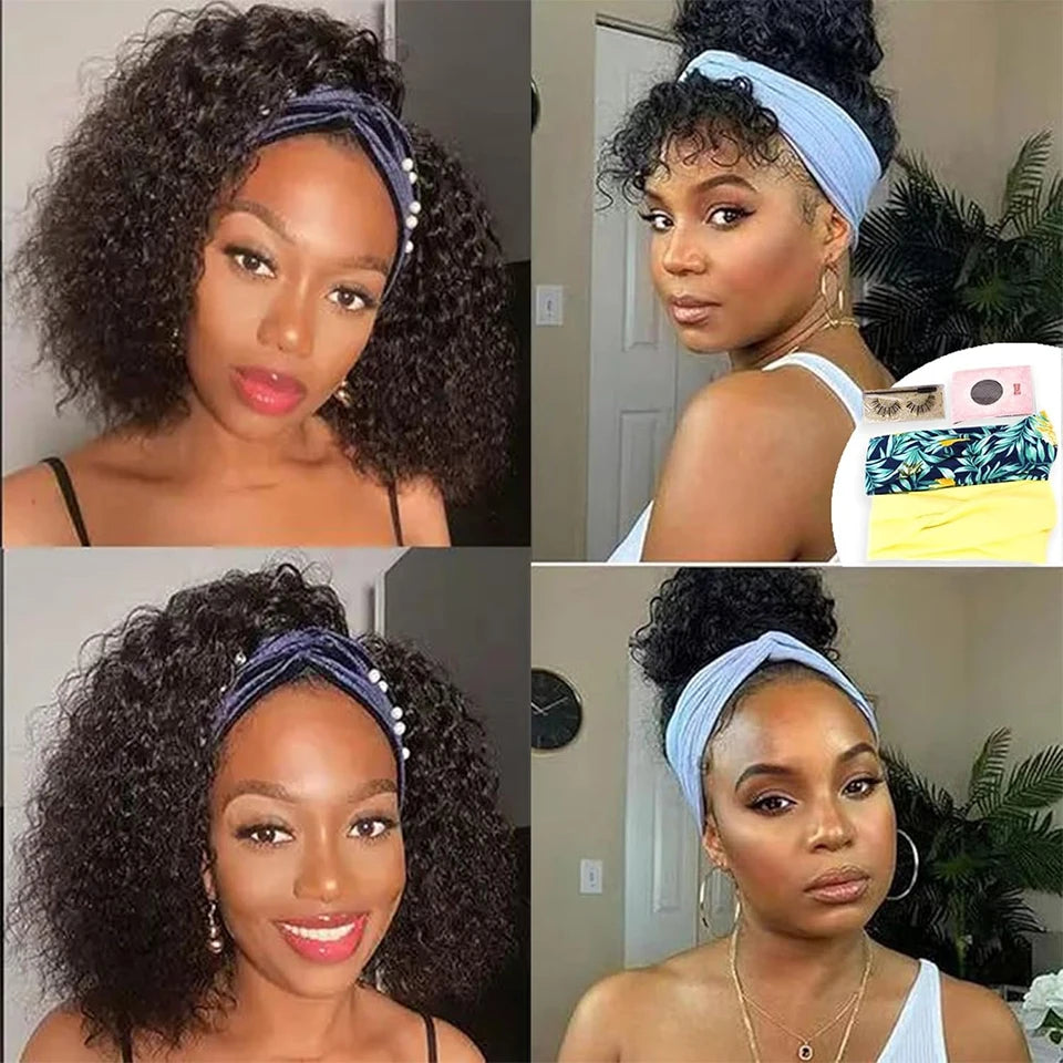 Perruque Jerry Curl avec bandeau, cheveux humains courts, perruques sans colle pour femmes noires, perruque bob Remy ondulée, fabriquée à la machine