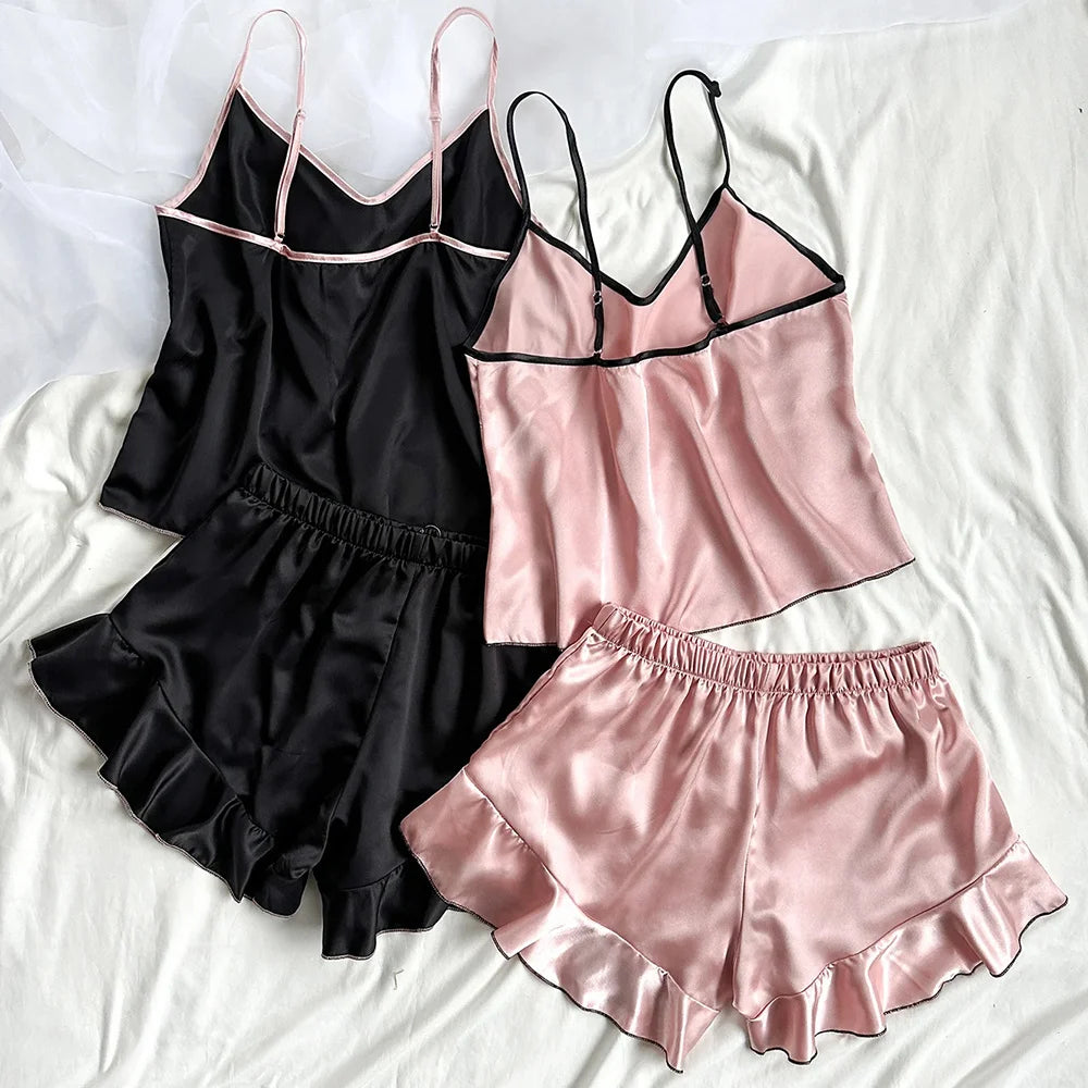Pyjama en satin lisse pour femme, t-shirt col V, bords volantés et short à nœud, ensemble de pyjama simple et respirant, vêtements de maison