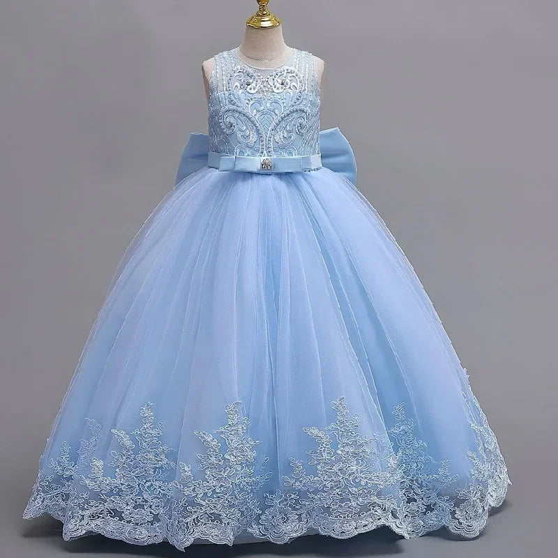 Robe de mariée robe de demoiselle d'honneur pour fille de fleur, robe de soirée à la mode, en dentelle et maille, vêtements élégants pour filles de 4 à 12 ans, couleur bleue