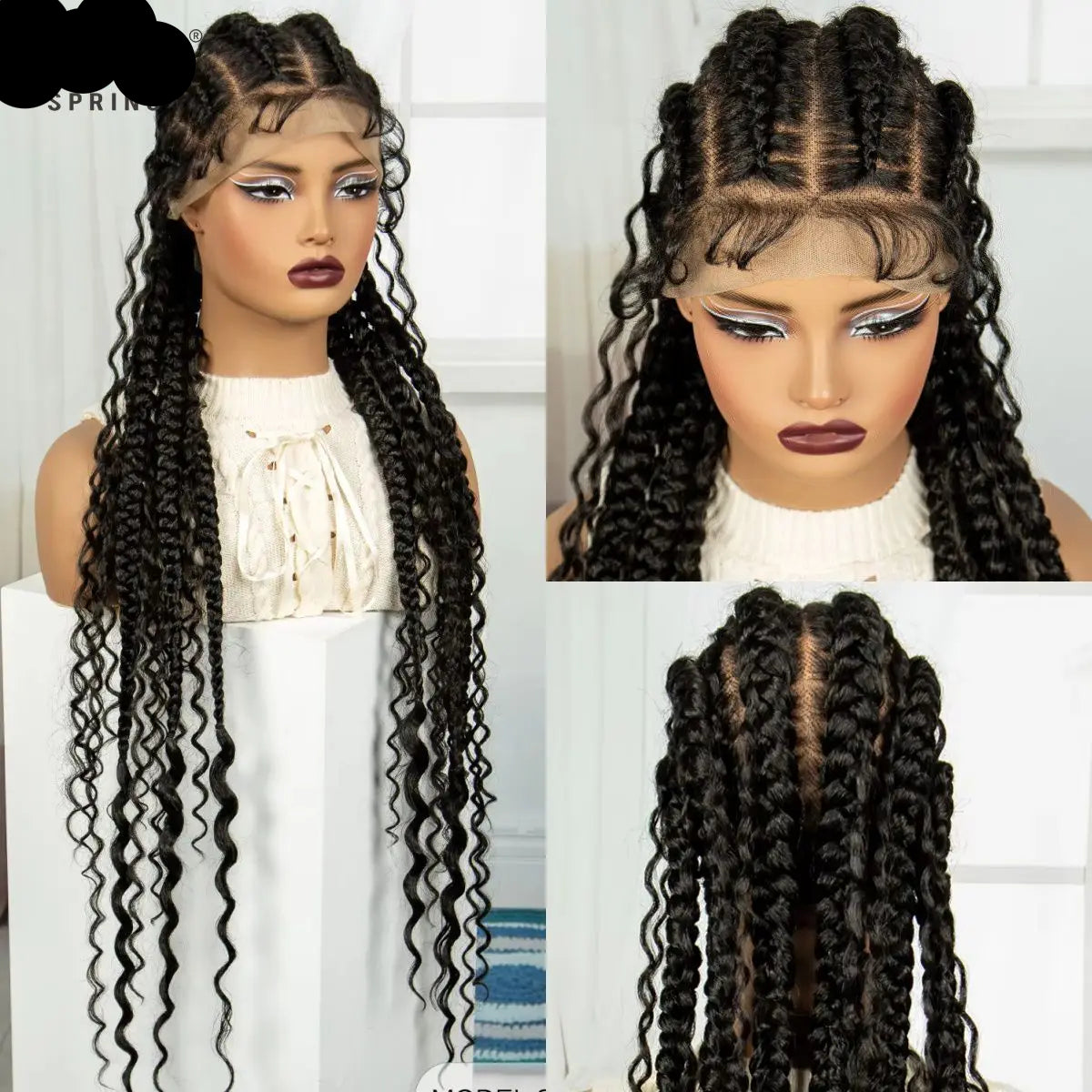 Perruques tressées en tresses de 34 pouces avec extrémités bouclées, perruques synthétiques en dentelle complète, perruque frontale en dentelle tressée pour femmes noires