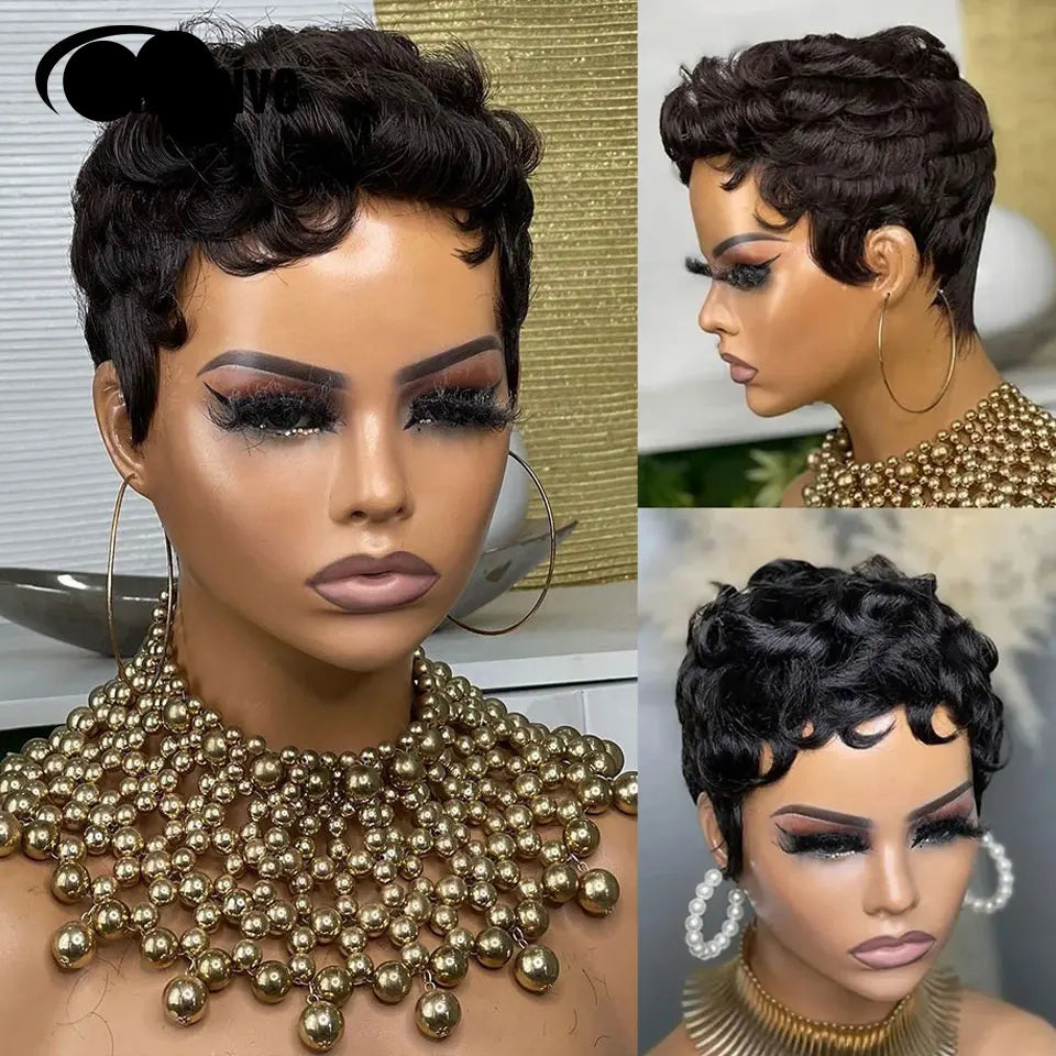 Perruque courte bouclée style pixie #1B pour femme, perruque bouclée noire naturelle en cheveux humains Remy péruviens, coupe bob, entièrement confectionnée à la machine, densité 180 %