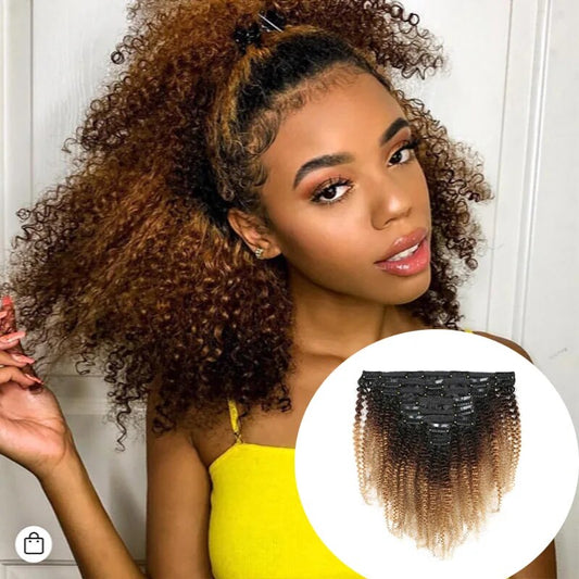 mèches mongolienne afro kinky clip in hair color 1B/4/27 extensions à clips de couleur blond miel