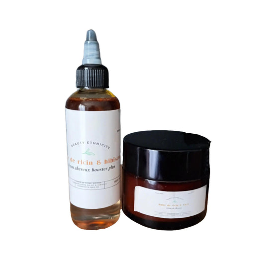 duo parfait pour l'extrême pousse de vos cheveux ; le sérum plus crème capillaire à base l'huile de ricin et romarin et vit E