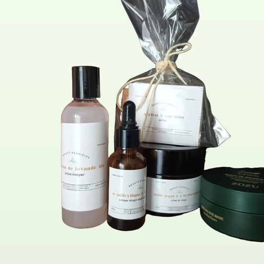 kit visage complet pour un visage sans imperfection composé de l'acide salicylique, hyaluronique, niacinamide, savon au curcuma ainsi que du masque visage au collagène
