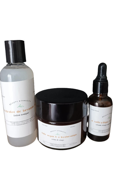 kit visage anti imperfection lotion tonique à l'hydrolat de lavande , sérum à la niacinamide et crème visage à l'huile d'argan