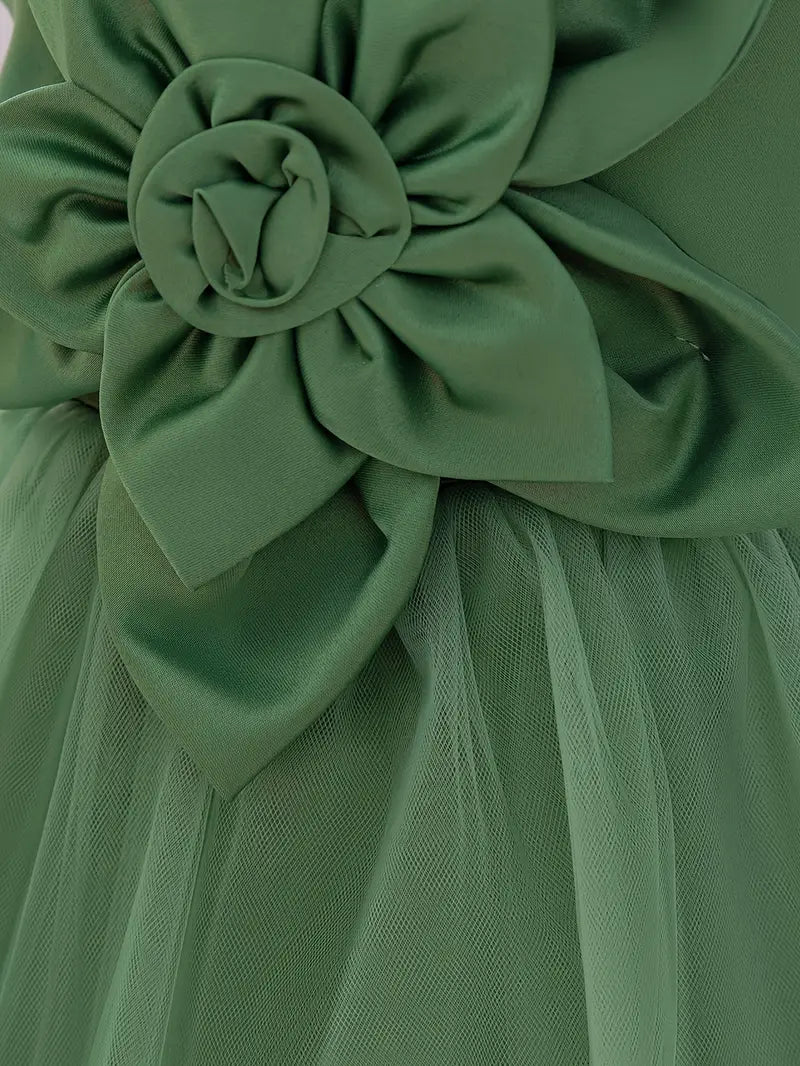 smaragdgrünes Tutu-Kleid für Mädchen im Prinzessinnenstil mit floraler Netzauflage, knielang, Tüllrock