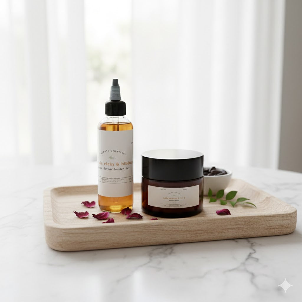 duo parfait pour l'extrême pousse de vos cheveux ; le sérum plus crème capillaire à base l'huile de ricin et romarin et vit E