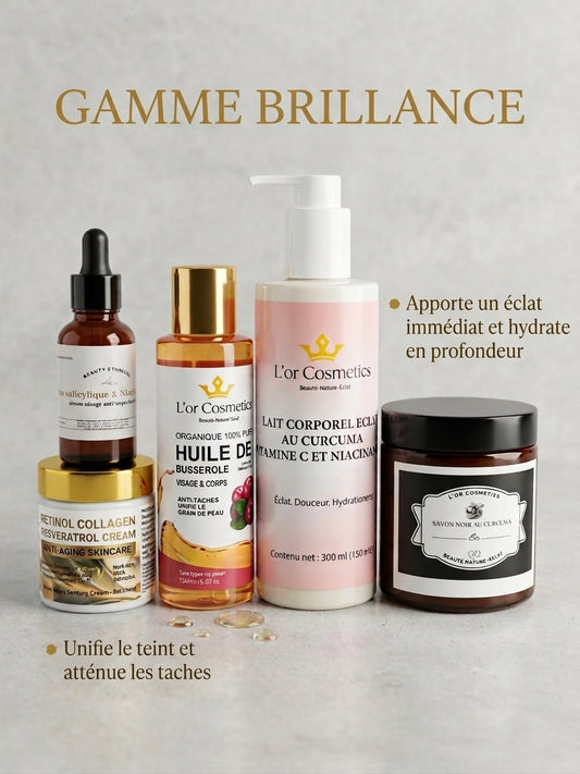 gamme brillance pour un teint eclatant sans imperfection ,savon noir, busserole , crème vit C