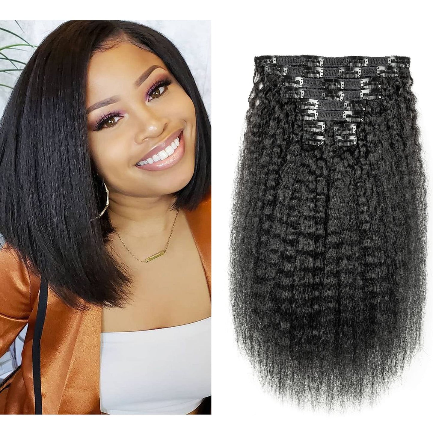 extensions à clips de type  kinky straight style afro, mèches lisses avec clips cheveux 100% naturels