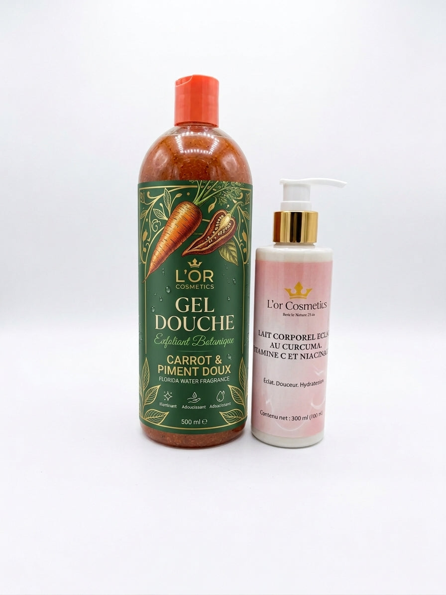 duo gel douche exfoliant à la carotte et lait corporel à la vitamince C peau eclante et douce