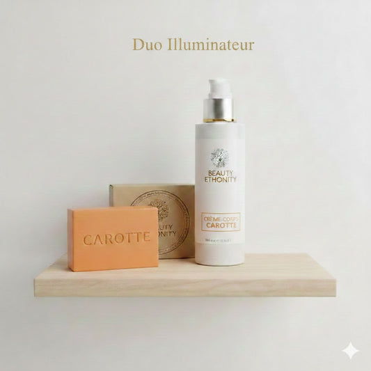Duo illuminateur  savon et crème de corps à base d'huile de carotte, glycérine et vitamine E pour un teint éclatant